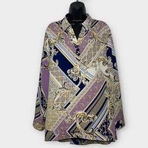 Chico's Womens Purple Gold Chain Printed Crisscross Hem Tunic Top Size XXL 20/22